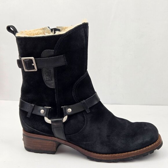 UGG Endell Black Suede Shearling-Lined Moto Boots With Buckle Accents Size 7 - Picture 1 of 16